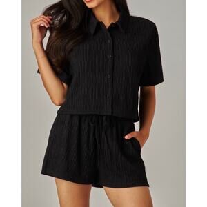 Crinkled Plisse Button Down Shirt Loungewear Shorts Set